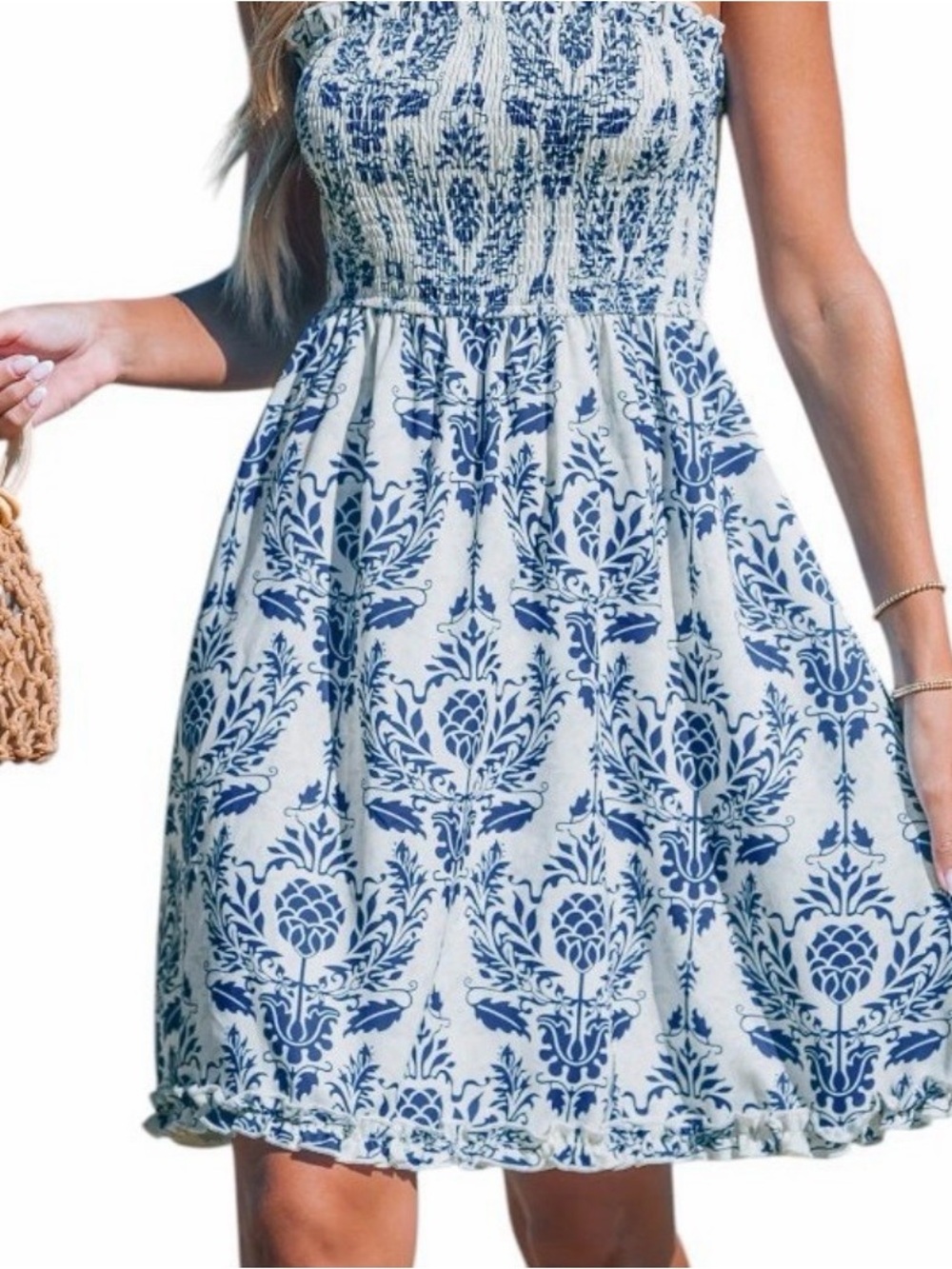 Blue and white damask print smocked strapless mini tube‎ dress Sz Large NWT!